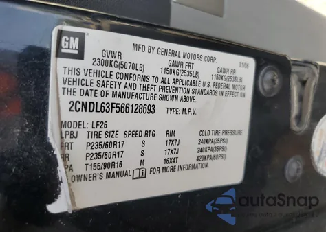 2006 Chevrolet Equinox Lt из США, поврежденный, VIN 2CNDL63F566128693